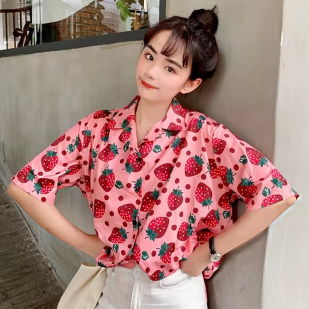 Like New Women's XS Pink Strawberry Button Down Shirt